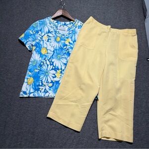 Alfred Dunner Floral Blue Top & Yellow  Capri Pants Set Shirt PS & Capri Size 8